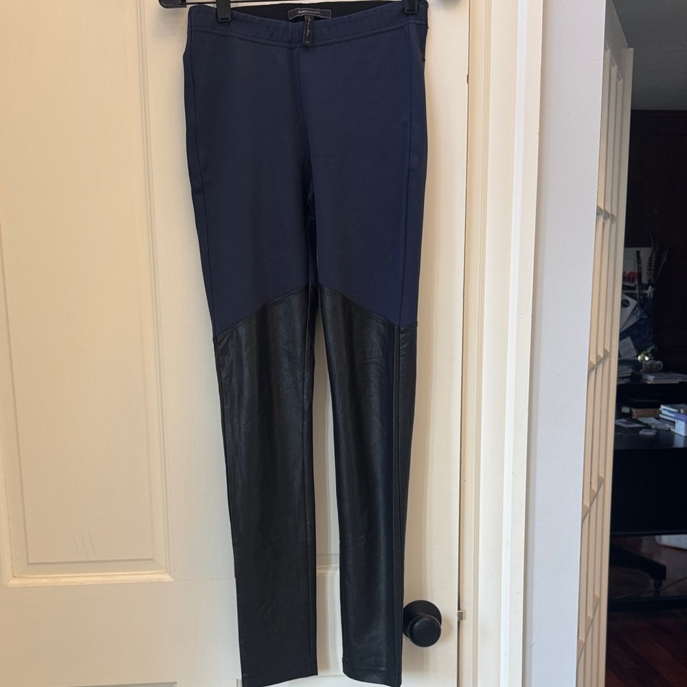 BCBGMaxAzria Navy Leggings with Black Faux Leather Detail